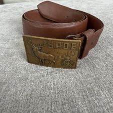 Vintage Paris Leather Belt BPOE Elks Lodge Brass Buckle Mens 38 Brown USA Made
