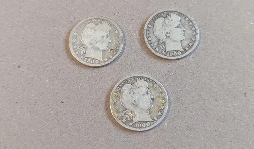 US Coins 1900-p, 1900-o, 1900-s Barber Quarters.