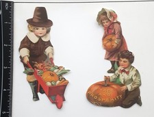 Lot of 2 Girl Boy Pumpkin Pilgrim Vintage Peace SINGLE LAYER Embellishments 753
