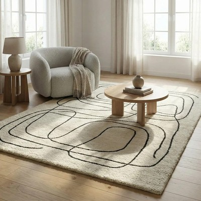 Hand-Tufted Wool Rug   Minimalist Abstract Line Art, Cream Minimalist Abstract