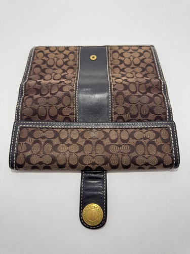 Coach Single Fold Brown Canvas & Brown Leather Trim SIgnature Wallet & Checkbook - Picture 3 of 11