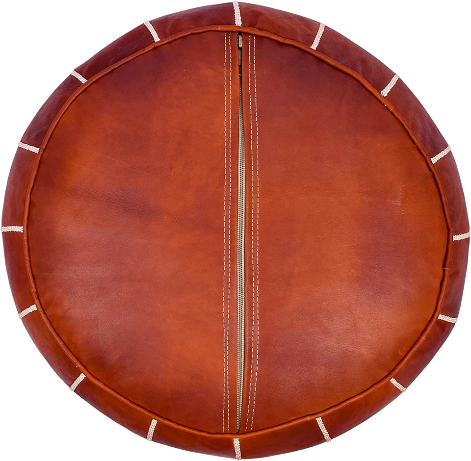 Ottoman Pouf Leather Footstool Round Moroccan Brown Handmade Stool Pouffe - Image 2 of 4