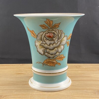Vintage Schaubach Kunst Vase German Floral Gold Teal Porcelain