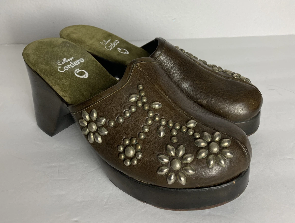 Calleen Cordero Women Leather Mule Clogs Platform Wood Heels Brown Shoes Size 7