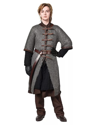 Half Sleeve Front Open Hauberk 9mm Steel Flat Ring Riveted Chainmail Shirt Armor - Picture 5 of 6