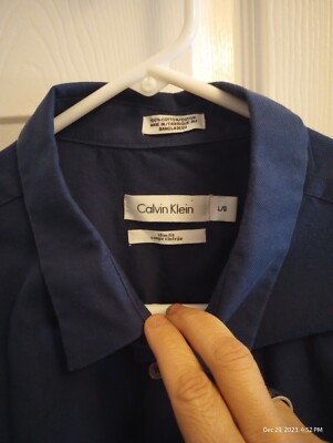 calvin klein navy blue dress shirt Calvin Klein Jeans Poplin Stretch Slim Fit Shirt, Blue (42)