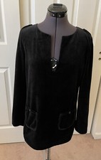 TORY BURCH Black Velour V-Neck Long Sleeve Tunic Top w/ Front Pockets S
