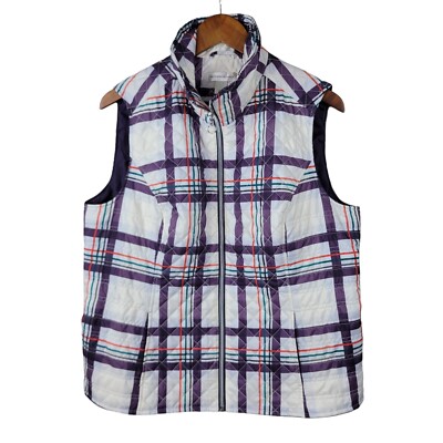 Christopher Banks Puffer Vest Size Large Sleeveless Full Zip White Purple Plaid