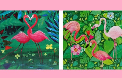 Mila Marquis Postkarte 14x14''Flamingo/s in Love''Dschungel*Glitzer*Grußkarte*Herz