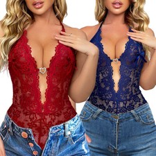 Deep-V Lingerie Women Lace Bodysuit Crotchless Underwear One-Piece Sleepwear US