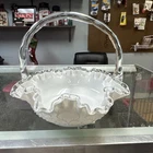 Vintage Fenton Milk Glass Silver Crest Ruffled Rim Bowl with Basket Handle Decor