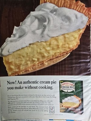 1965 Dover Coconut Cream Pie Filling topping mix without cooking Vintage Ad