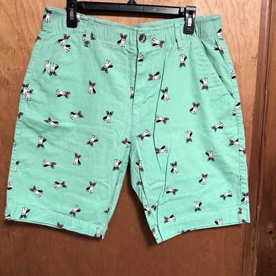 Plugg Men's Green Dog Print Chino Shorts Cotton/Spandex Stretch 8'' Inseam 32 