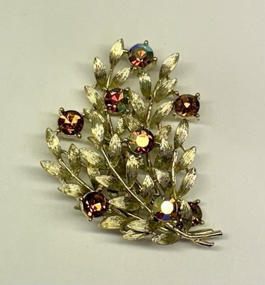 Vintage Lisner Brooch/Pin Gold Leaves & Topaz Aurora Borealis Rhinestones, 1960s