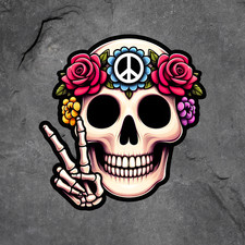 Peace Skull Sticker Vinyl Decal Hippie Floral Skeleton Hand Retro Groovy Vibe