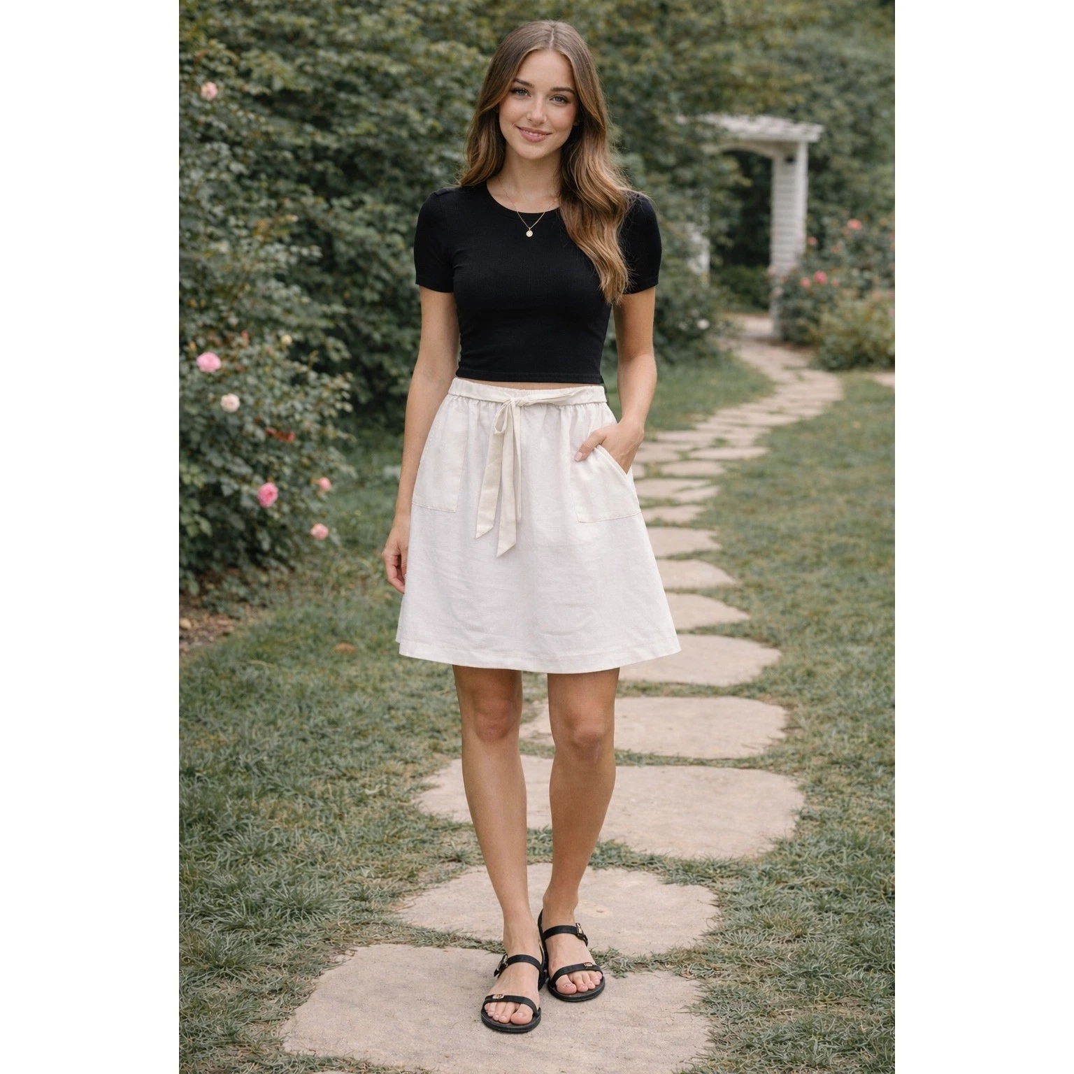 J.Crew Linen Cotton Tie-Waist Skirt A-Line Pull On White Large