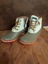 Sperry Women's Size 7.5 Saltwater Duck Boots Taupe/Olive/Coral Rainboots