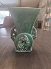 Mccoy Vintage Emerald Green Double Handle Wagon Wheel Hanging Tulips Vase