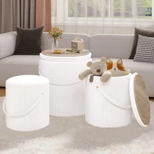 Round Ottoman with Storage Set of 3,White Ottoman Coffee Table White -Set of 3