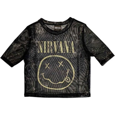 Ladies Nirvana Yellow Happy Face Mesh Crop Top Autorisé Femmes Dames T-shirt  - Photo 1/4