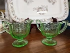 Green Depression Etched Glass Creamer And Sugar Set