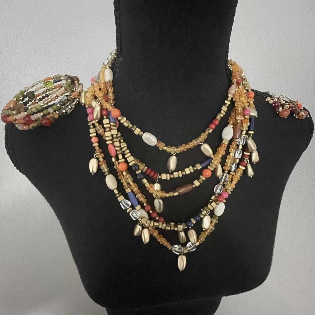 A18) Chico's Bronze and Brown Wire Beaded 7 Strand Necklace