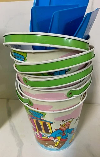 6 Vintage OHIO ART  TIN TOY BEACH SAND PAIL & SHOVEL SAILORS GONE FISHING