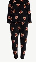 Joyspun Women's Plush Long Sleeve Top and Pants Pajama Set Black Soot Size L