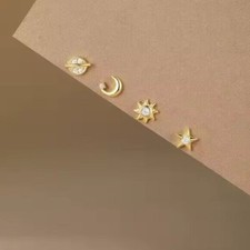 Bundle of 4 Stud Earring Set Celestial Gold CZ Star Moon Sun Planet Stacked Ear