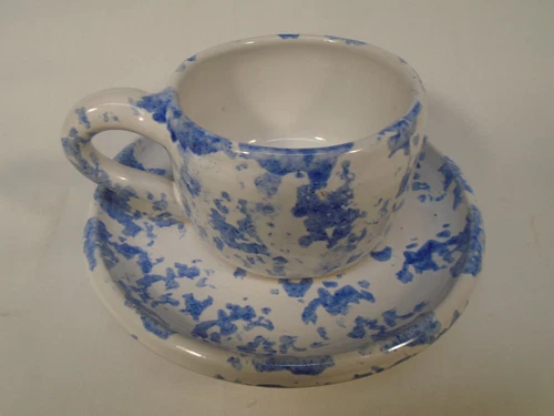 KENTUCKY BYBEE POTTERY BLUE SPONGEWARE CUP & SAUCER EXCELLENT