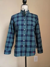 Talbots top green plaid ruffle button front womens 4 petite
