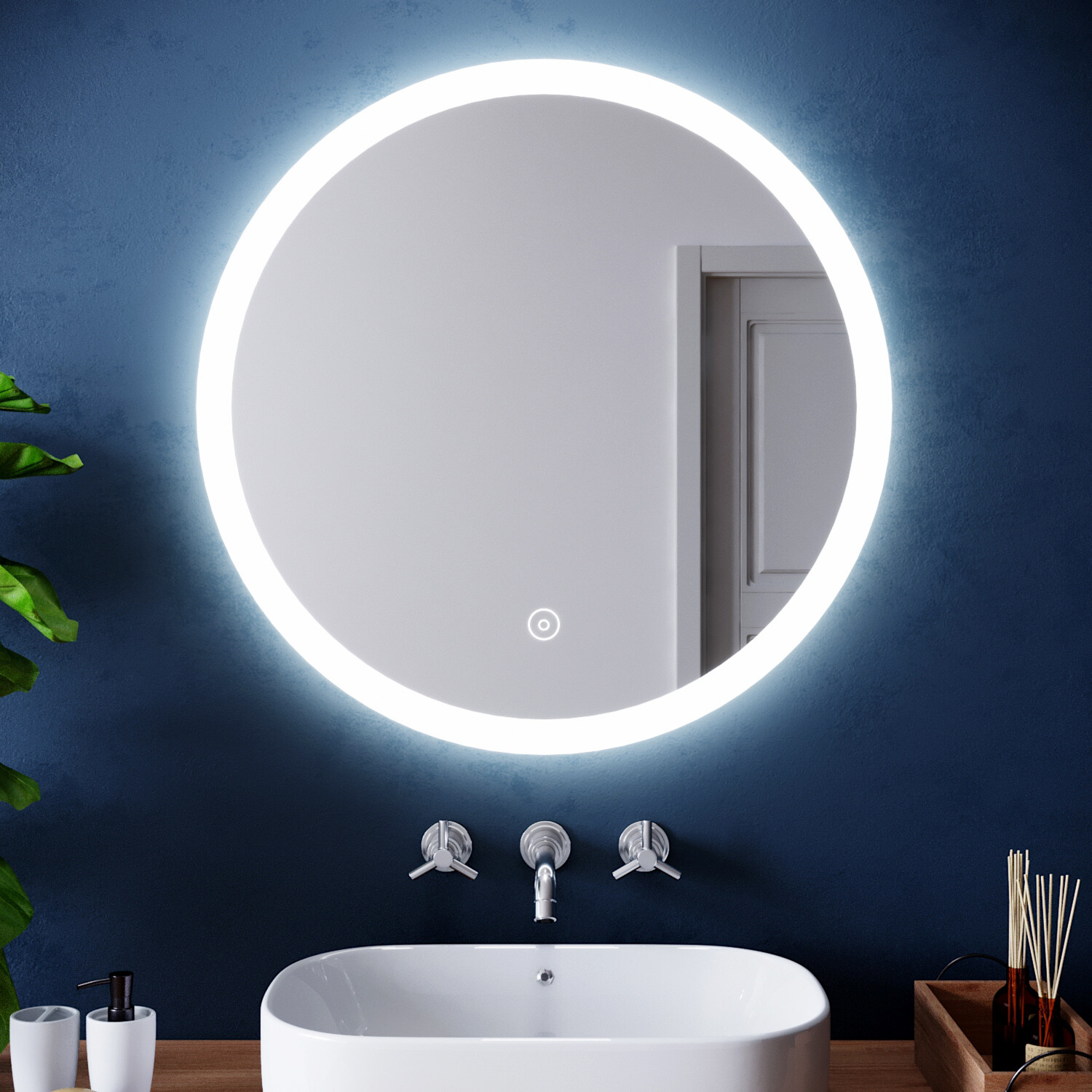 Round Bathroom Mirror With LED Light Illuminated Demister Pad Touch