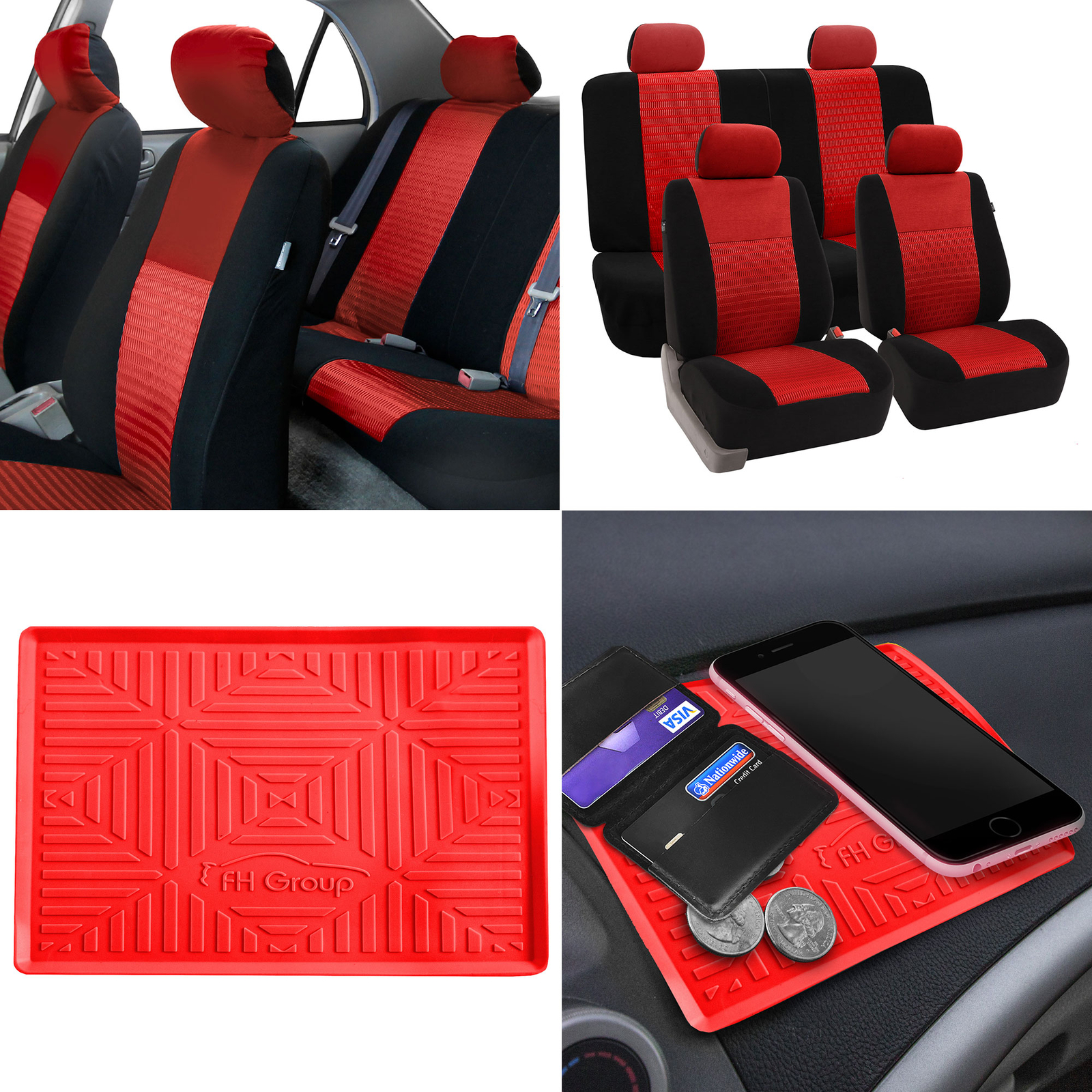 Red Universal Auto Seat Covers for Auto Car SUV Van with Dash Grip Mat