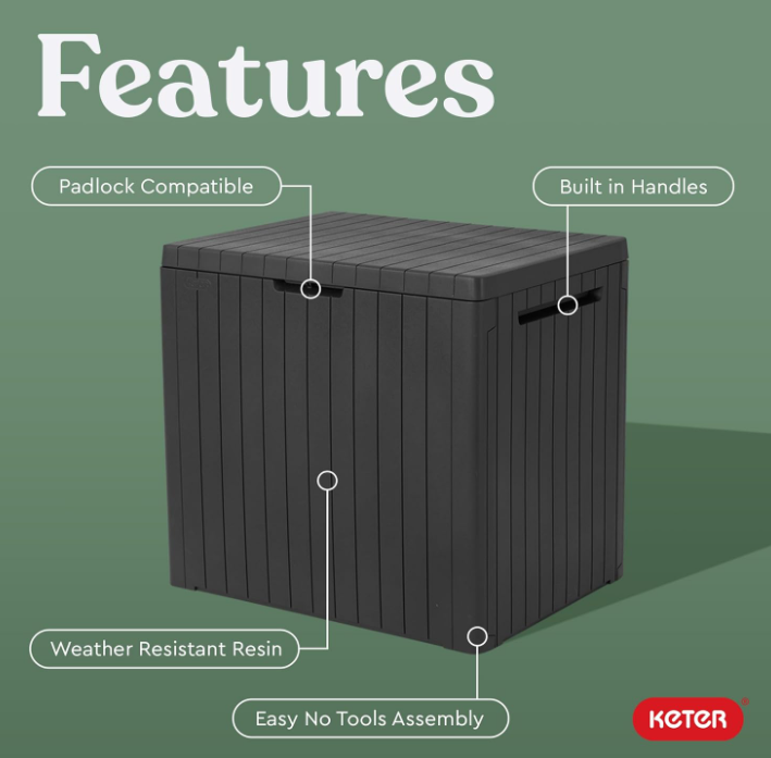 Keter City 30 Gallon Resin Deck Box for Patio Furniture Pool