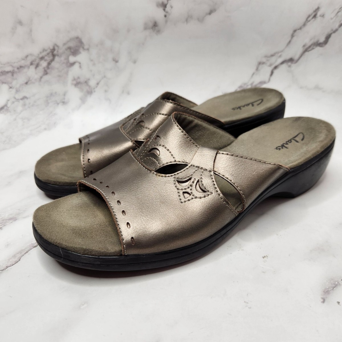 Clarks Metallic Leather Slip-On Wedge Sandals Walking Comfort