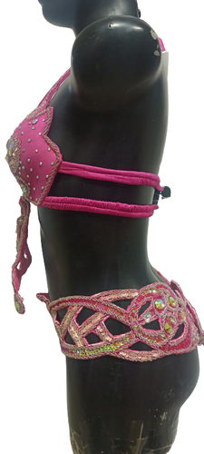 Ägyptischer Bauchtanz Kostüm BH Gürtel Set Profi Tanzen Rosa Silber Perlen - Bild 2 von 7