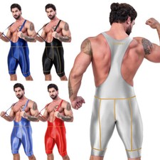 AMORESY Men's Glossy Satin Tracksuits Cycling Overalls With Suspenders Leotards