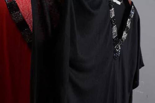 Soft Surroundings Red Black Beaded Poncho Top S/M L/XL Kimono V-Neck Drape Shirt - Picture 6 of 22