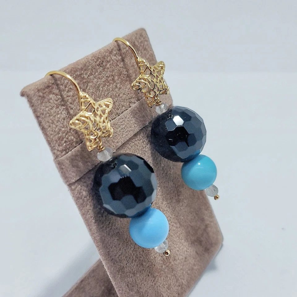 Orecchini donna pendenti argento925 oro giallo chiusura amo pietra nera turchese - Immagine 2 di 4