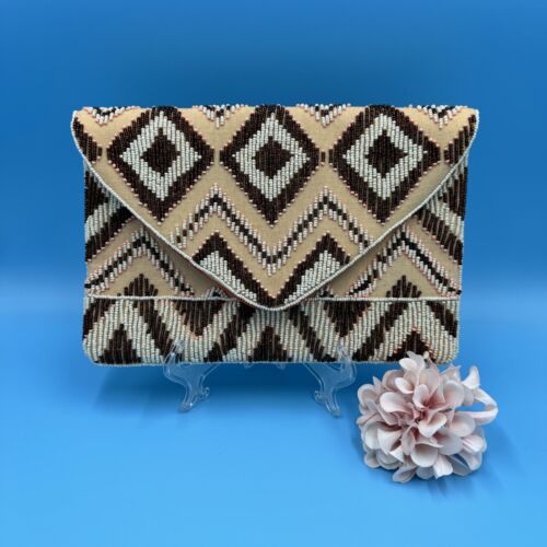 Beaded Shoulder Bag Clutch Crossbody 100% Cotton & Glass Beads Handmade India - Afbeelding 1 van 15
