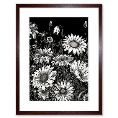 Gerahmter Wandkunstdruck Gänseblümchen Blumenfeld schwarz-weiß Illustration 9 x 7 Zoll