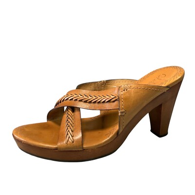 Cole Haan Mule Wood Heel Leather Cross Strap Braided Honey