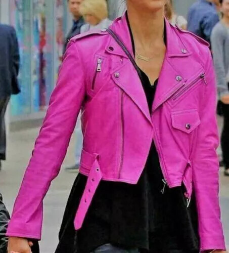 Women's Jacket Genuine Leather Handmade Stylish Pink Biker Motorcycle Lambskin