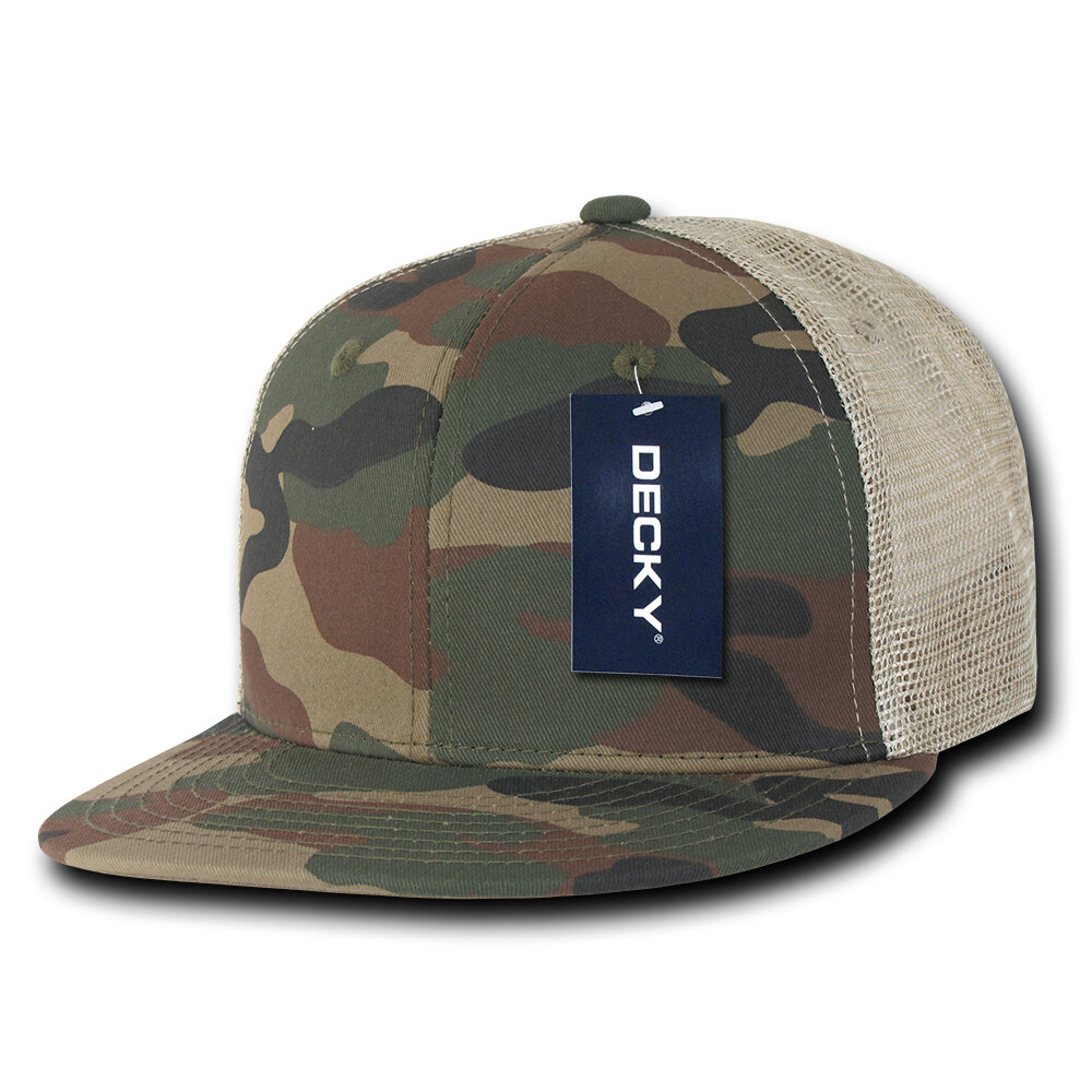 Decky Trucker Cap - Woodland Camouflage & Khaki 6 Panel Flat