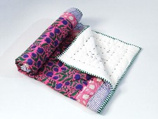 Indian Hand Block Printed Stitch Cotton Blanket Pink Purple Floral Baby Quilt US