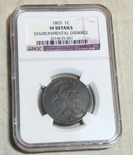1803 LARGE CENT (1 c.) NGC GRADED VF DETAILS ENVIROMENTAL DAMAGE IN WOODEN BOX