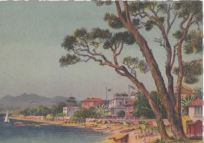 Postkarte JUAN-LES-PINS Der Strand nach einem Aquarell von Barday