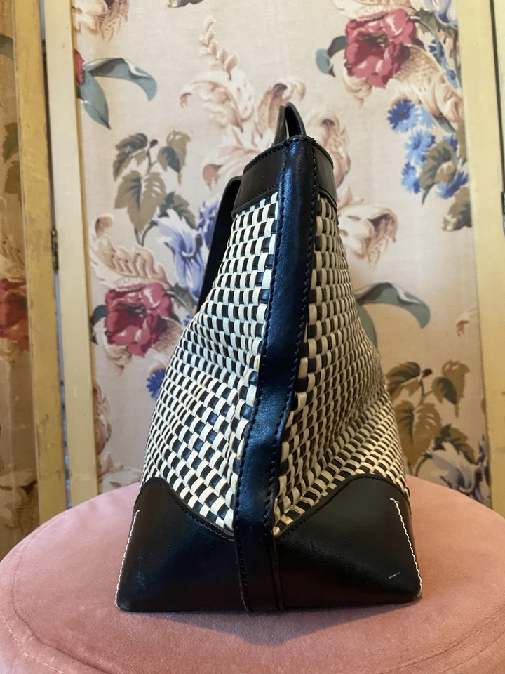 De Colección Lord & Taylor Bolso de Mano Negro Blanco Cuero a Cuadros Tejido Cartera Retro Italia Único Foto 4 de 4