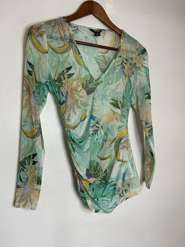 Marciano Women's Small Teal Green Tropical Sheer Ruched Long Sleeve Top Blouse - Picture 2 of 6