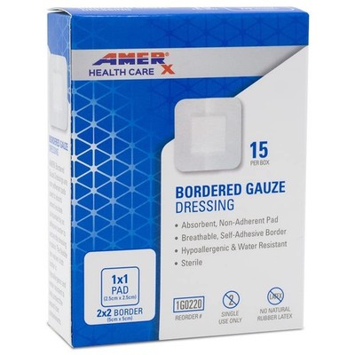 2'' x 2'' Dressing (1x1 Pad) AMERX Bordered Gauze - Adhesive Bandages - Water R...